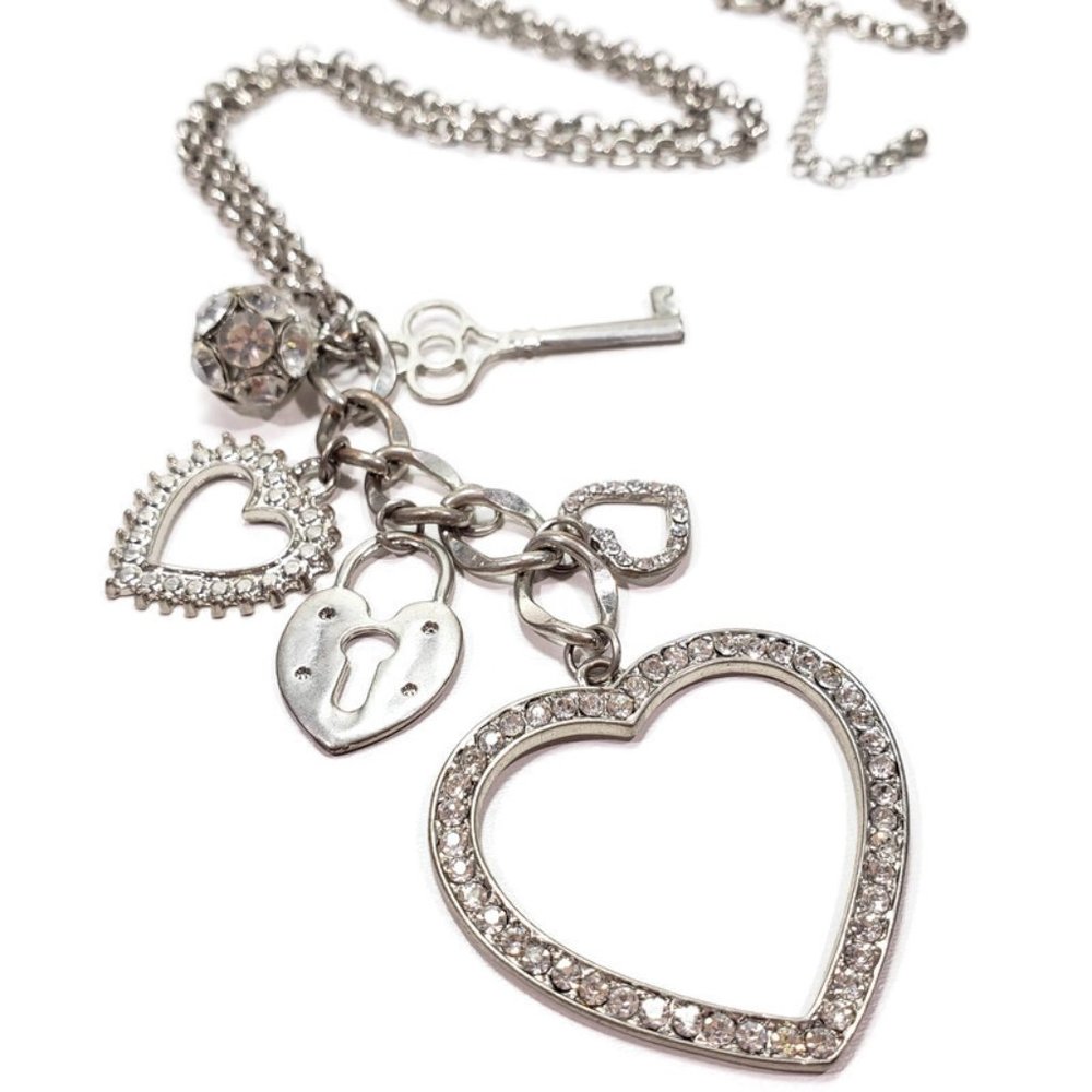 Hearts Lock & Key Rhinestone Necklace 36" to 39"